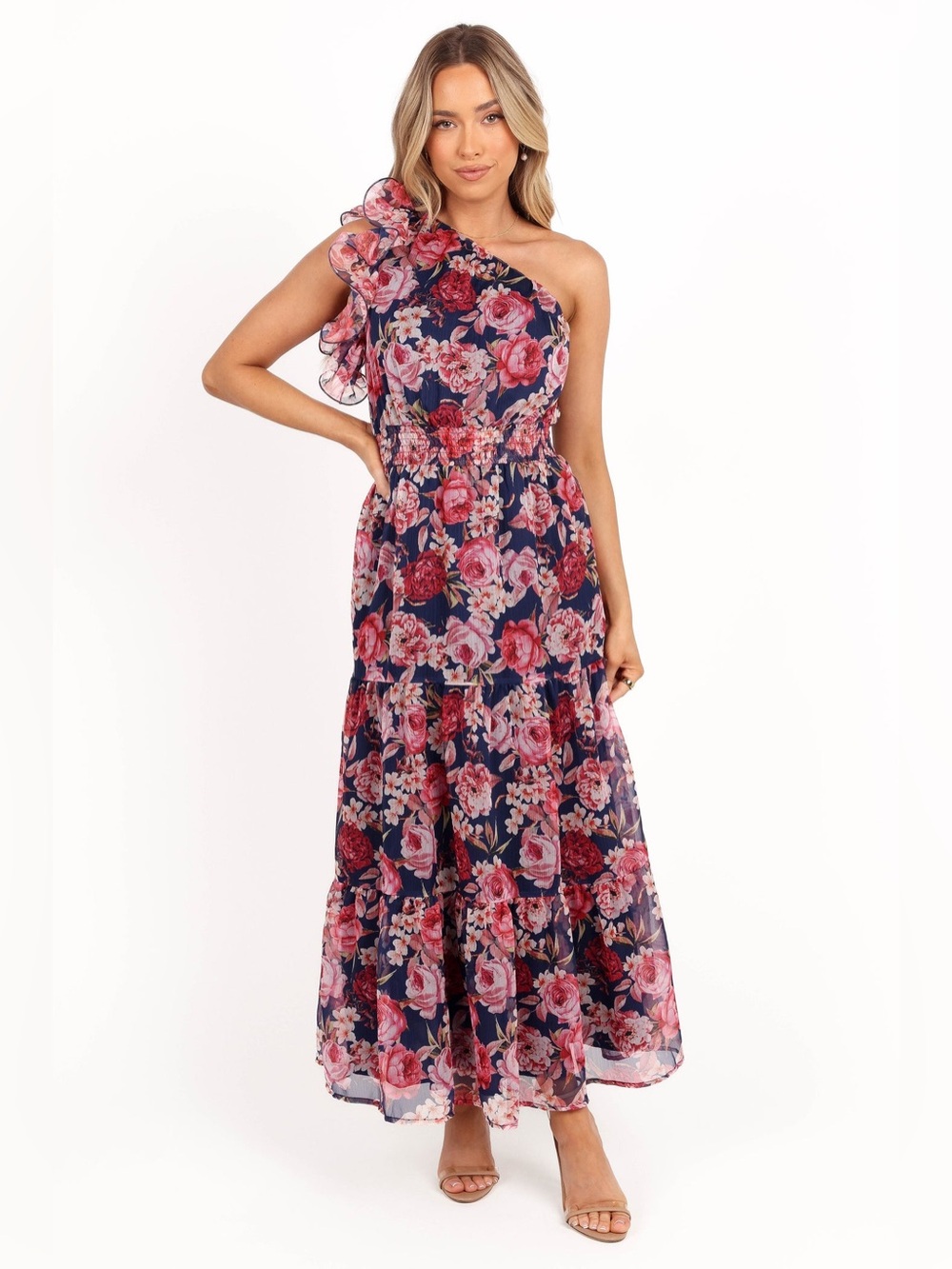 Petal & Pup Layley One Shoulder Maxi Dress Size Small Floral Navy